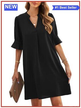 Women's Knee-Length Shift Dress V-Neck Ruffle Sleeve Lightweight Polyester